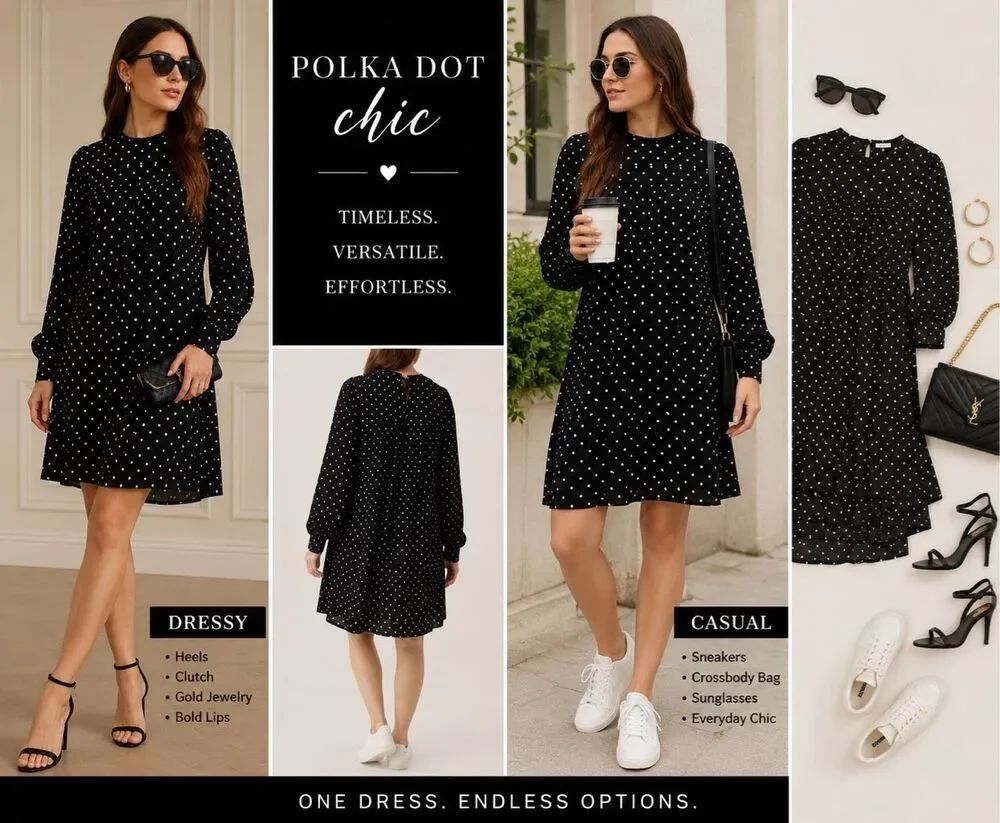 Chaps Polka Dot Shift Dress Large Black White Long Sleeve Keyhole Back Classic C